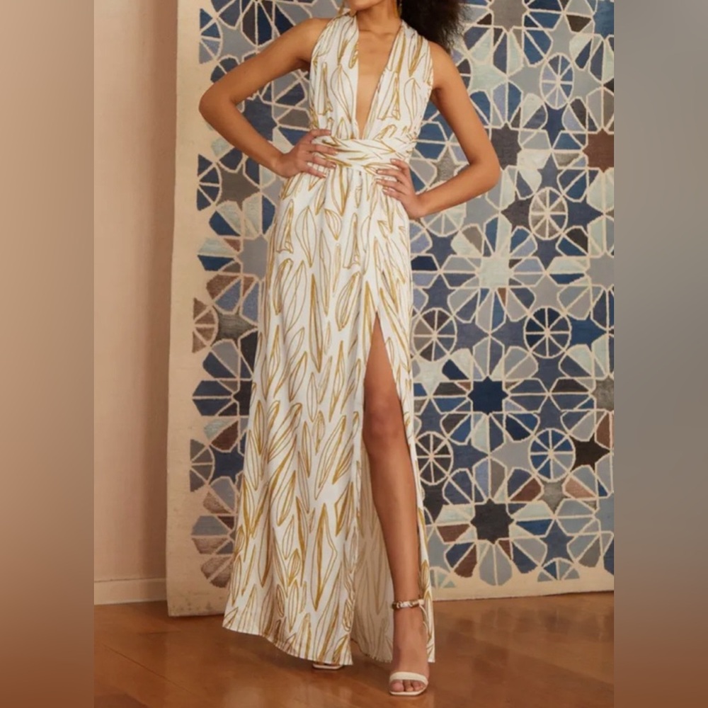 Elegant White and Gold Convertible Maxi Dress